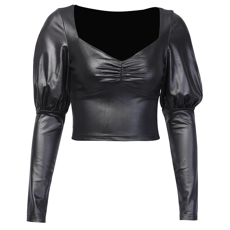 Women's Faux Leather Ruched Elastic Cropped Blouse