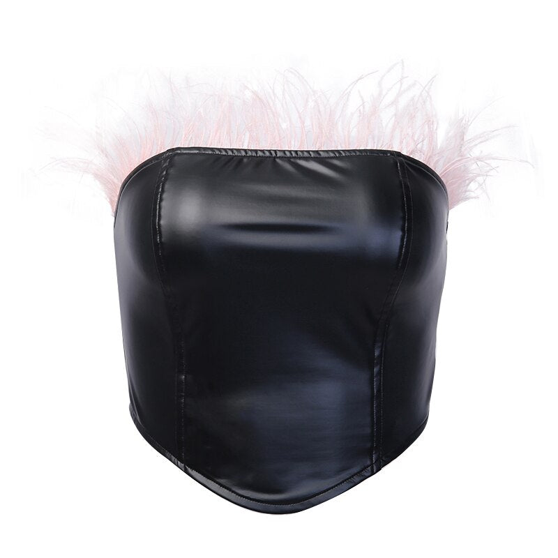 Women's Summer Slim PU Leather Tube Top With Feathers