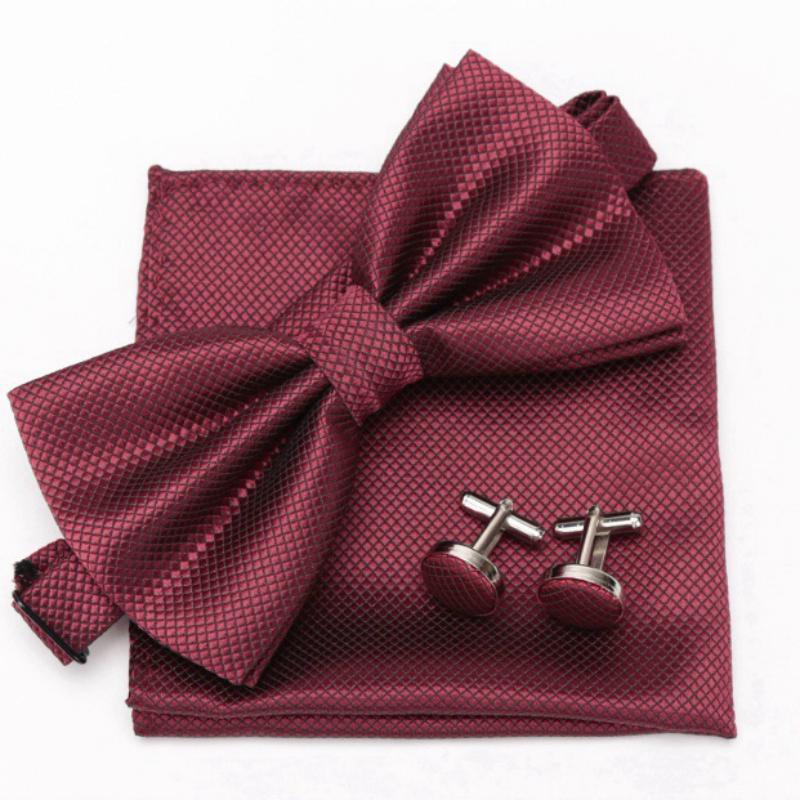 Men's Solid Colored Bow Tie With Handkerchief And Cufflinks