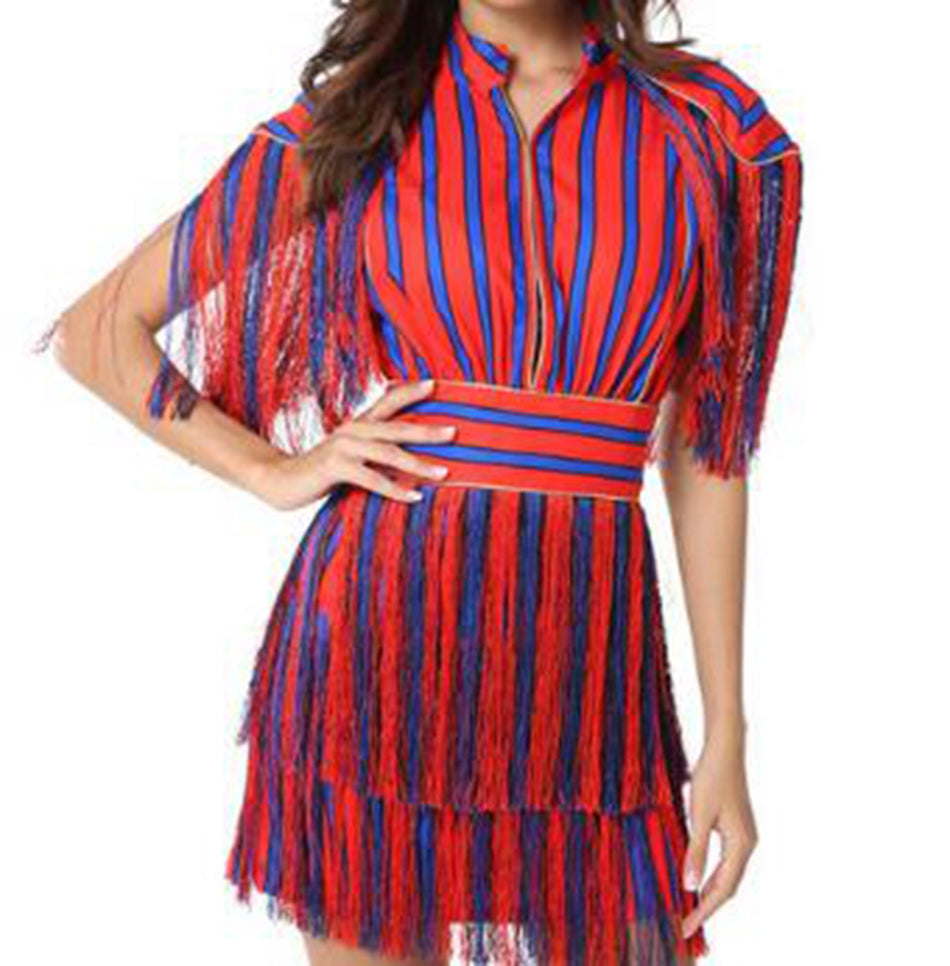 Women's Summer Short-Sleeved Striped Mini Dress With Tassels