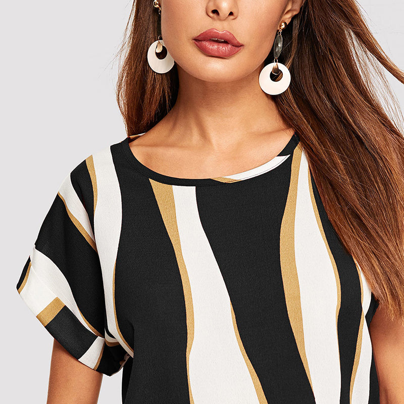 Women's Summer Polyester Striped O-Neck Blouse