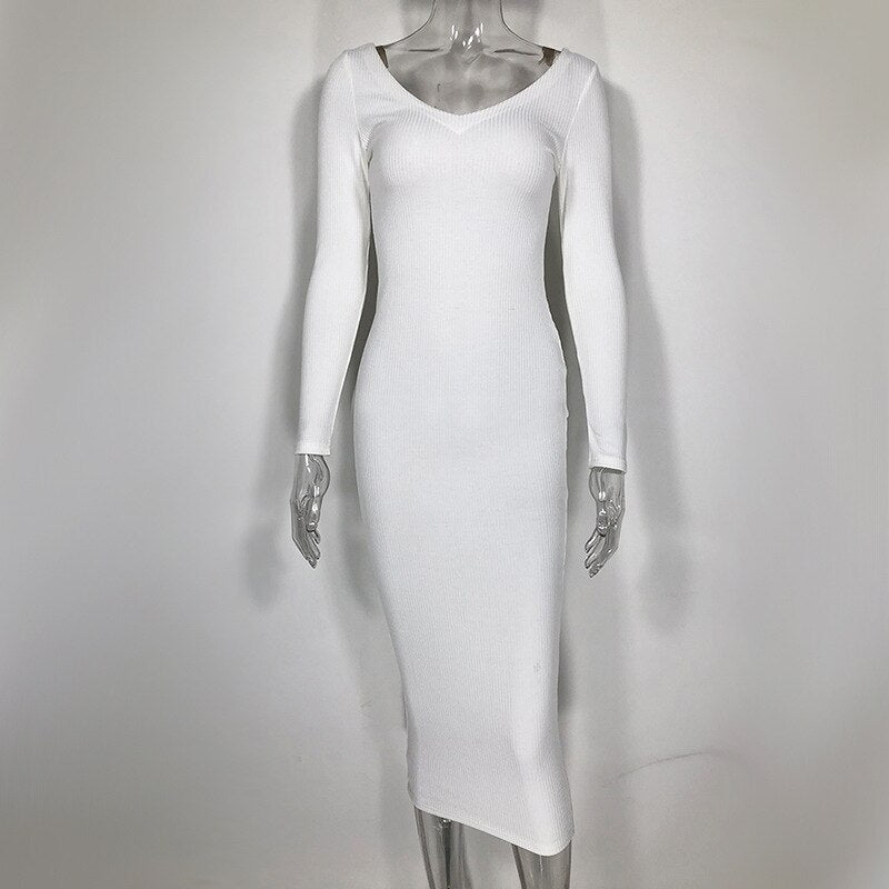 Women's Cotton Ribbed V-Neck Skinny Dress