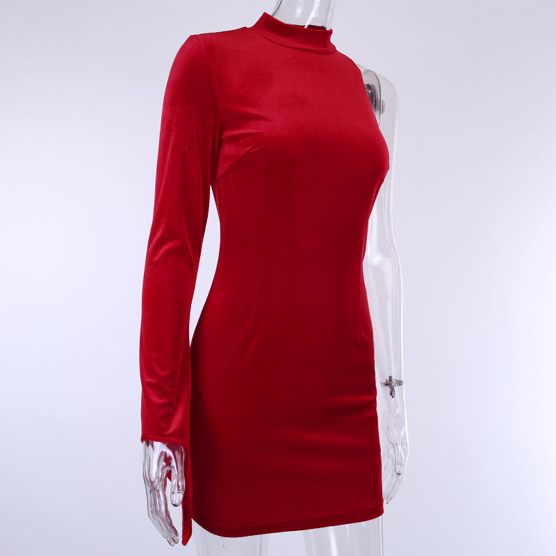 Women's Autumn Velvet One Sleeve Zipper Elastic Mini Dress