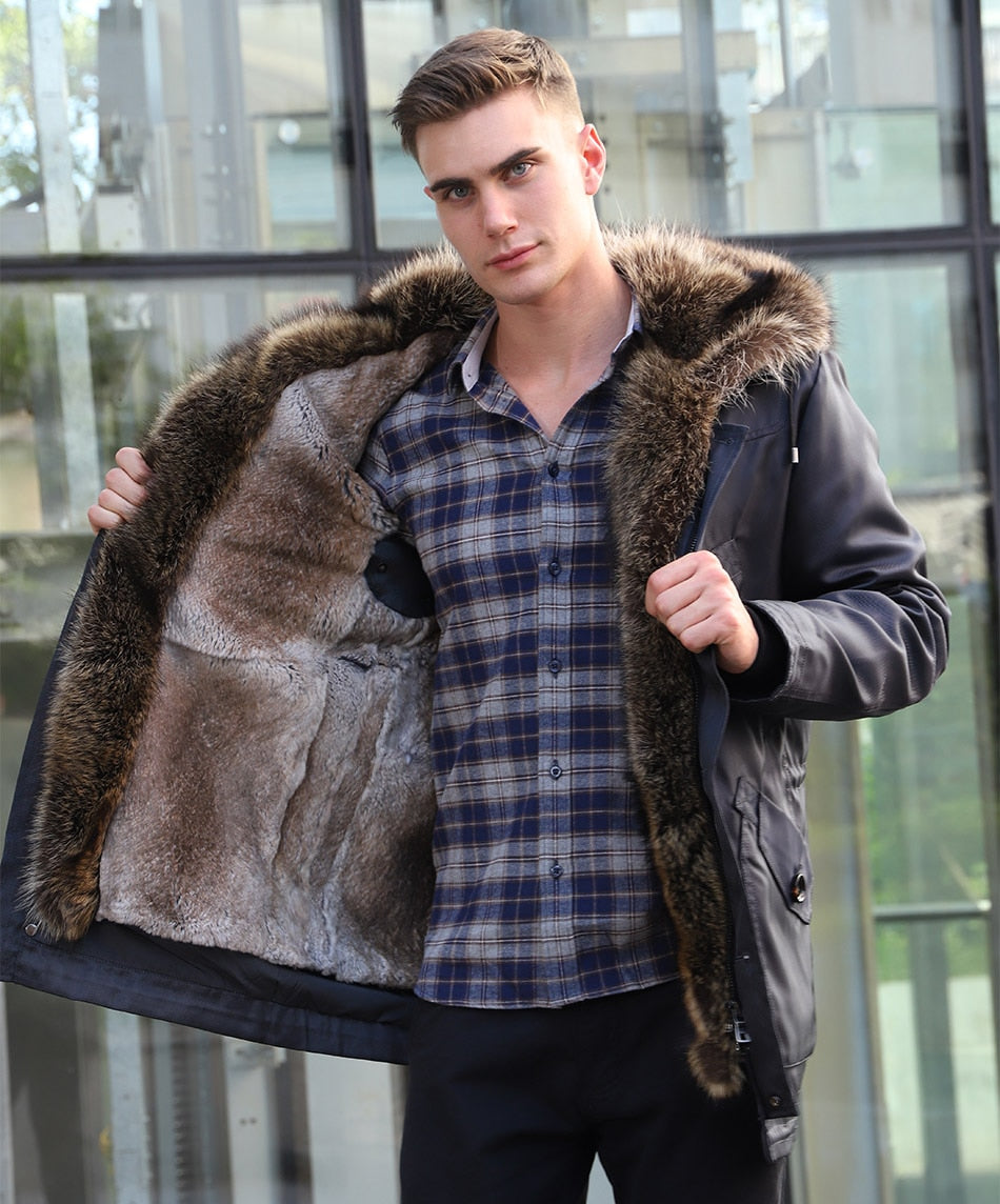 Men's Winter Casual Polyester Thick Parka With Detachable Rabbit Fur