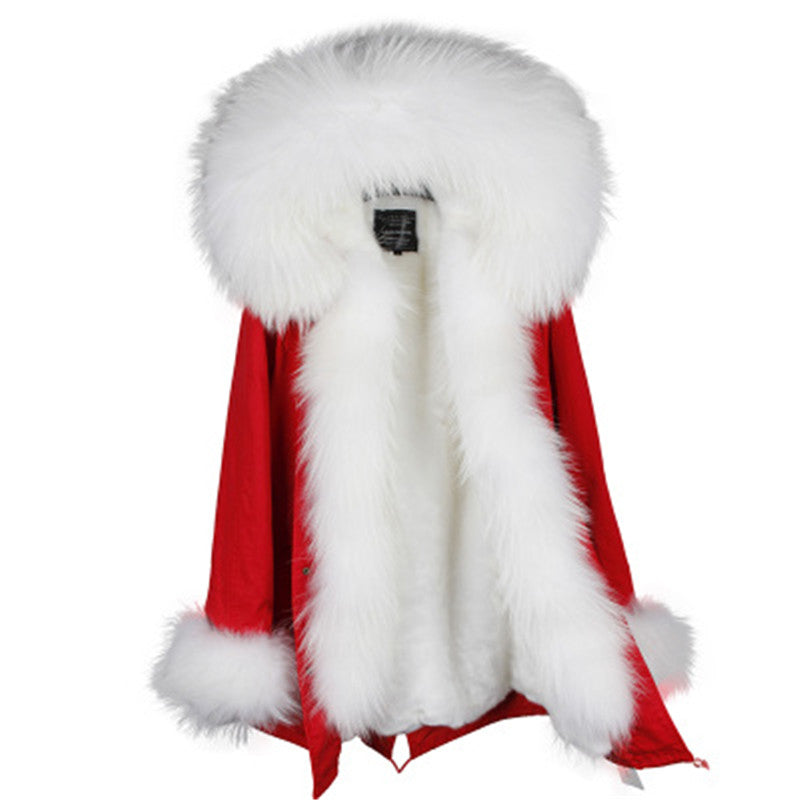 Women's Winter Casual Polyester Slim Parka With Raccoon Fur