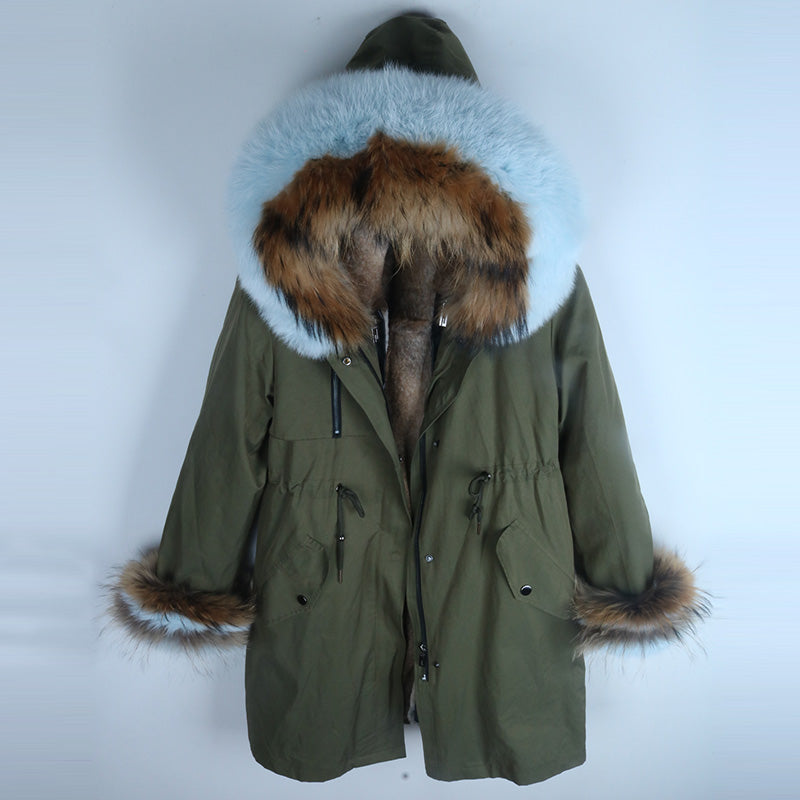 Women's Winter Casual Hooded Long Parka With Detachable Rabbit Fur