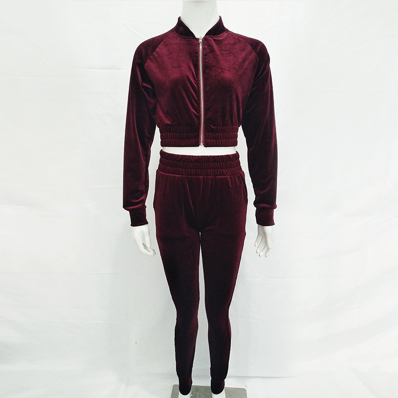 Women's Autumn Velvet Two-Piece Suit With Zipper | Top And Pants