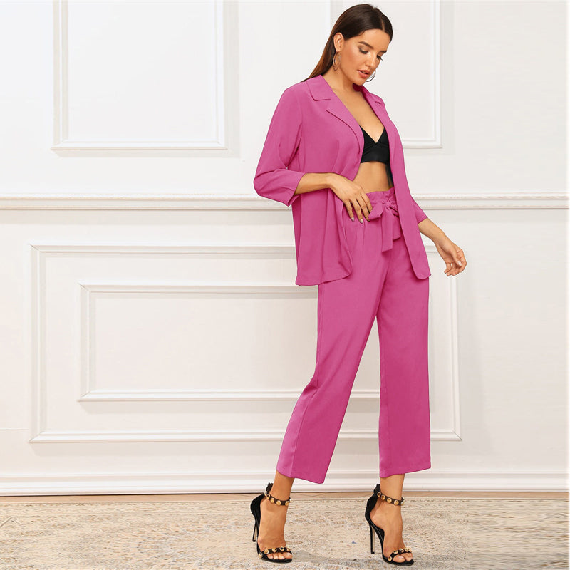 Women's Summer Belted Polyester Two-Piece Suit