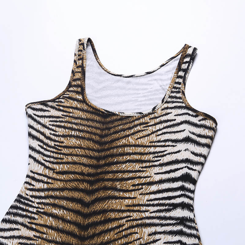 Women's O-Neck Tiger Print Split Dress With Gloves