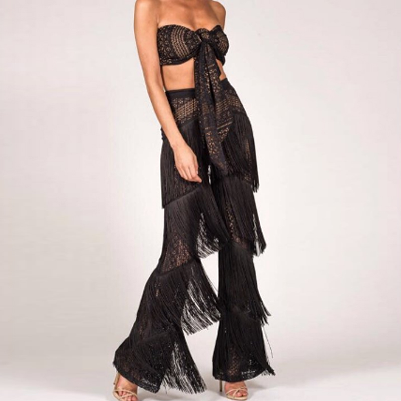 Women's Spandex Sleeveless Two-Piece Jumpsuit With Tassels