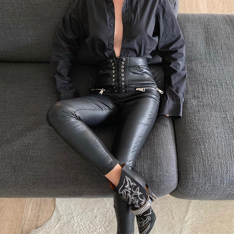 Women's Autumn Casual Skinny Faux Leather Pants With High Waist