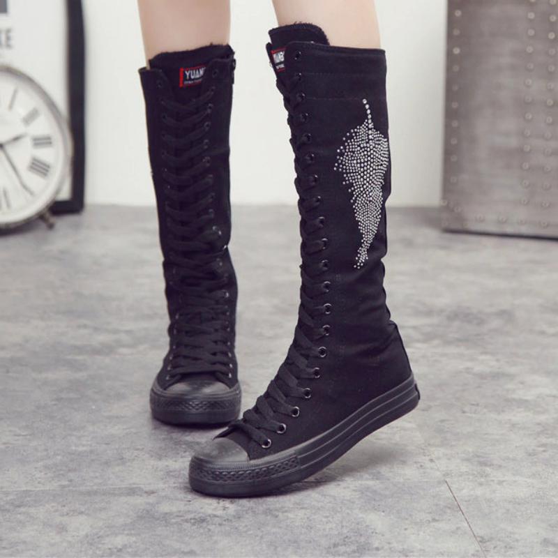 Women's Casual Canvas High Boots With Rhinestones