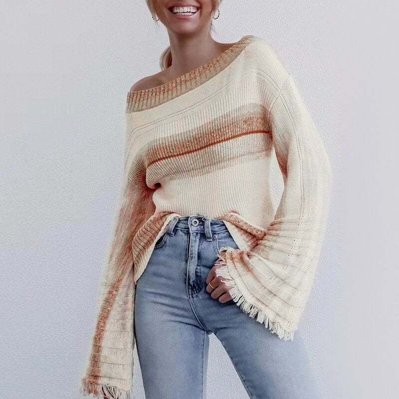 Women's Autumn/Winter Off-Shoulder Striped Pullover With Tassels