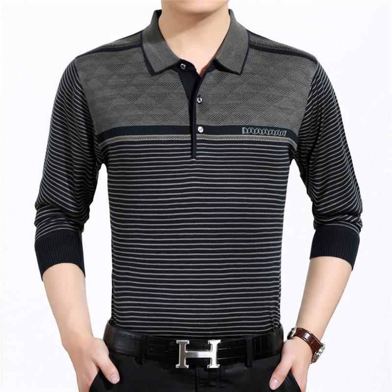 Men's Casual Striped Long Sleeved Polo