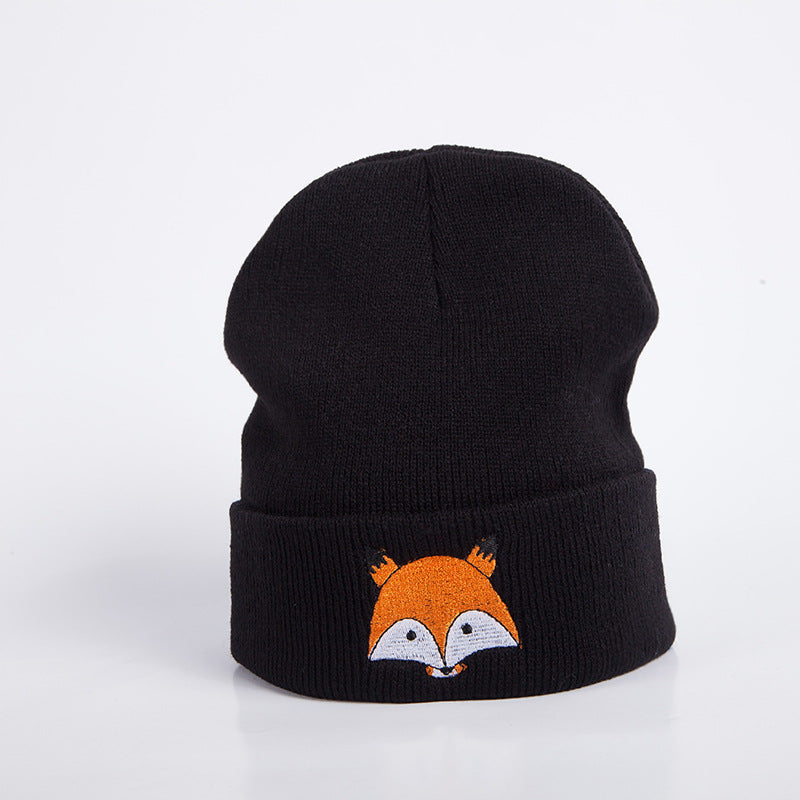 Women's Winter Knitted Hat With Embroidered Fox