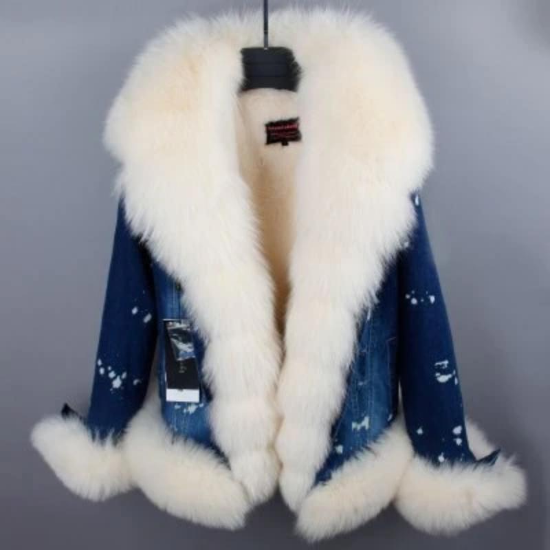 Women's Winter Casual Denim Thick Parka With Raccoon Fur