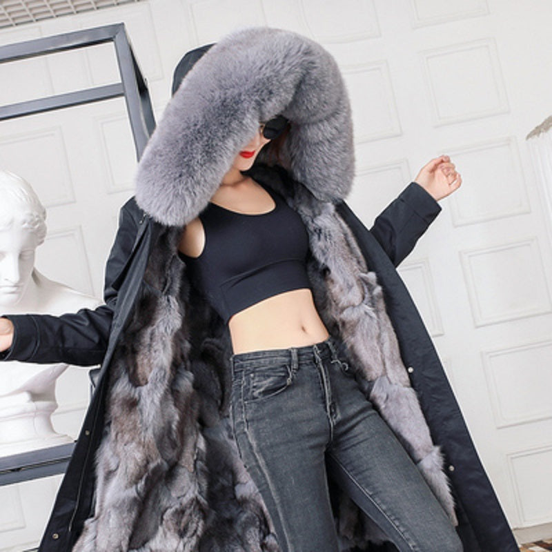 Women's Winter Casual Slim Long Parka With Detachable Fox Fur