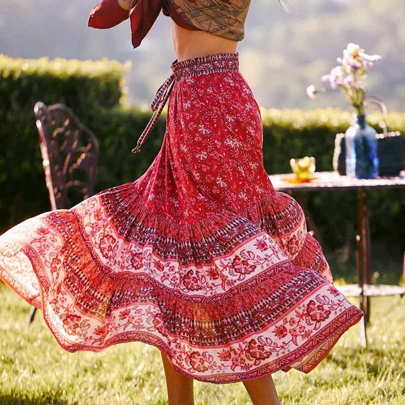 Women's Summer Casual Long Ruffled Skirt With Print