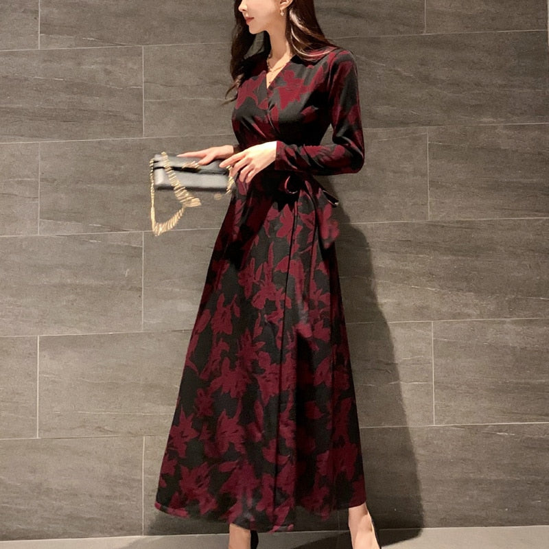 Women's Autumn/Winter V-Neck A-Line Polyester Long Dress