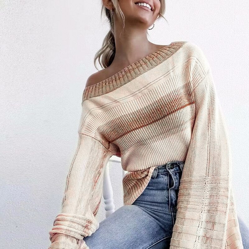 Women's Autumn/Winter Off-Shoulder Striped Pullover With Tassels