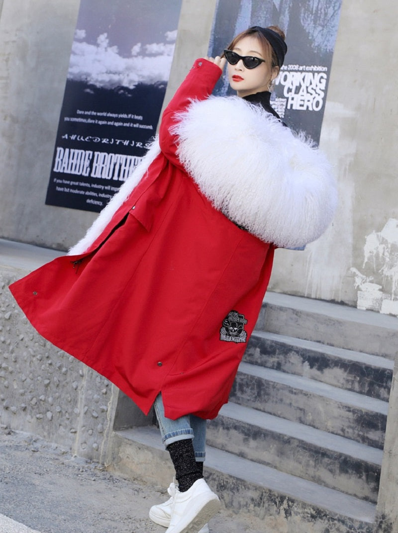 Women's Winter Warm Slim Long Parka With Sheep Fur