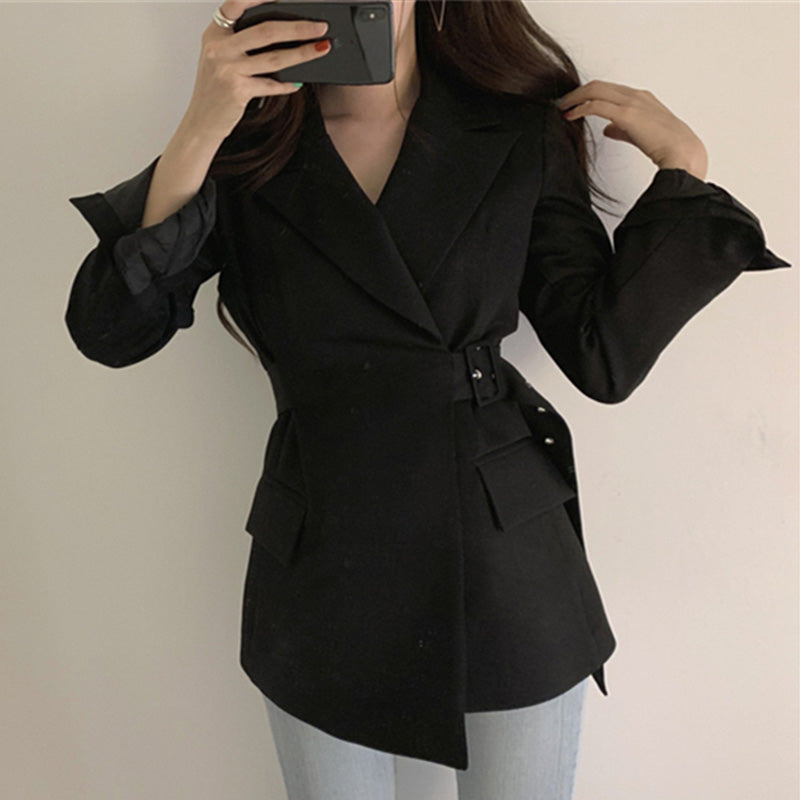Women's Cotton Belted Long-Sleeved Blazer With Pockets