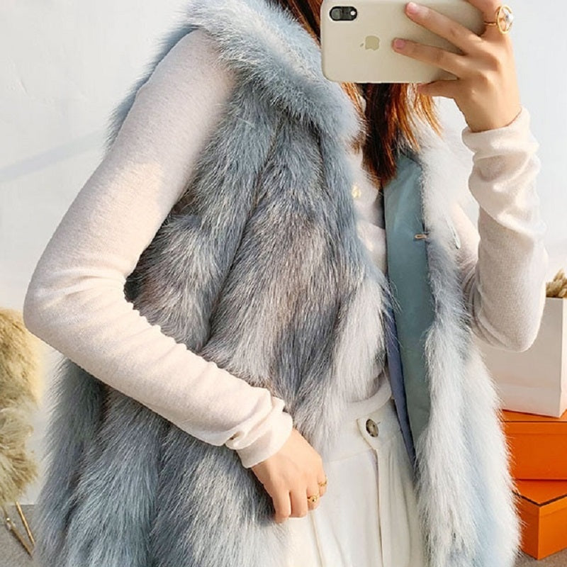 Women's Winter Casual V-Neck Slim Medium Vest With Fox Fur