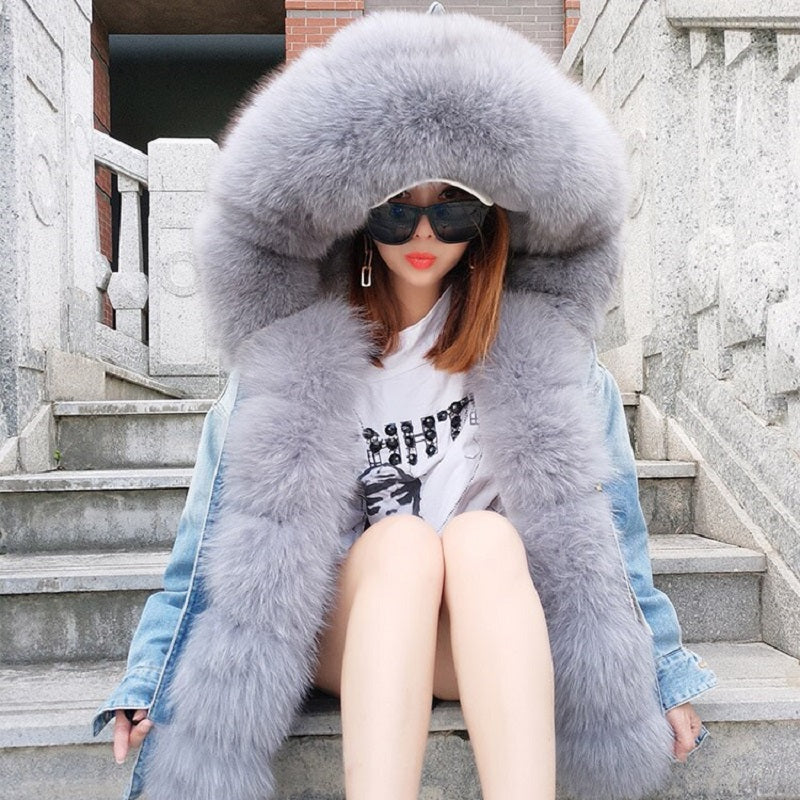 Women's Winter Warm Denim Parka With Fox Fur