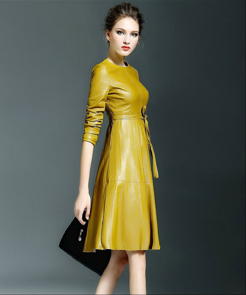 Women's Spring/Autumn Casual Faux Leather O-Neck A-Line Dress