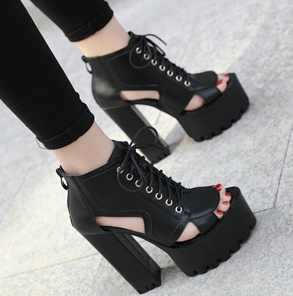 Women's Spring/Summer Open Toe Ankle Boots With Square Heels
