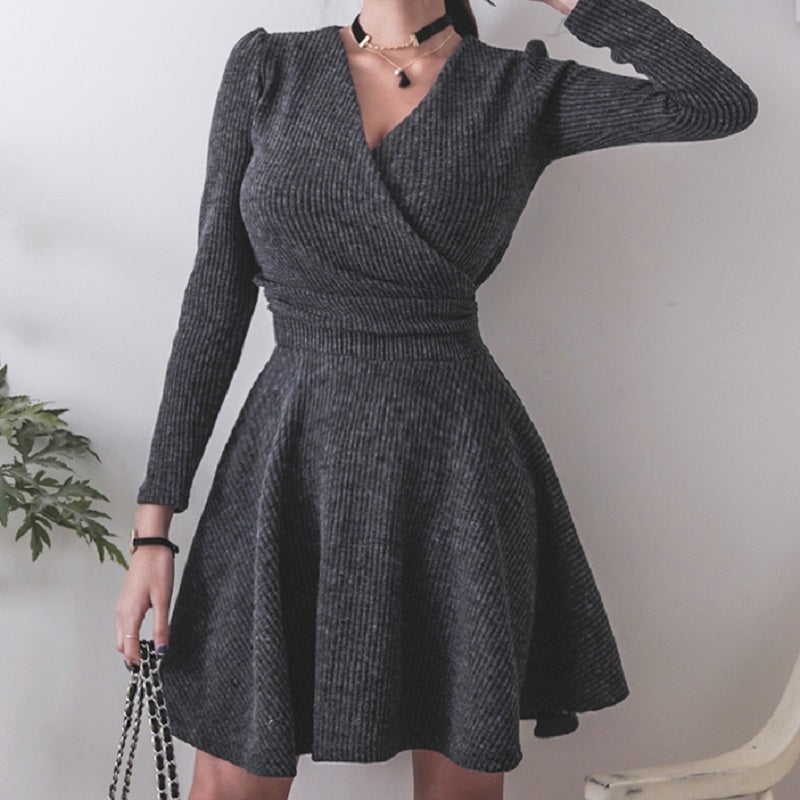 Women's Autumn/Winter Casual V-Neck High-Waist Sweater Dress