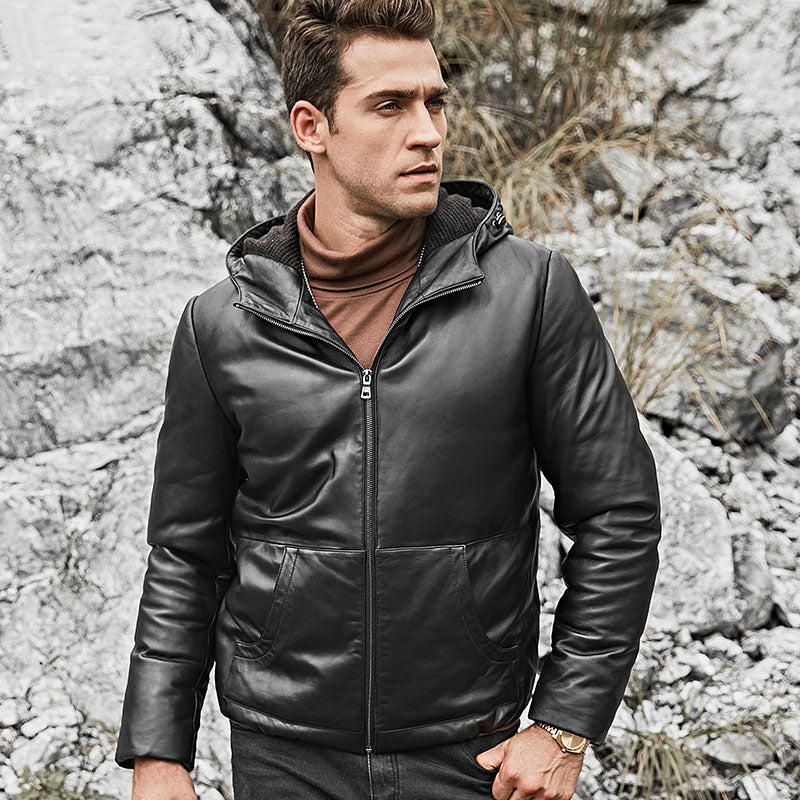 Men's Winter Genuine Leather Hooded Jacket