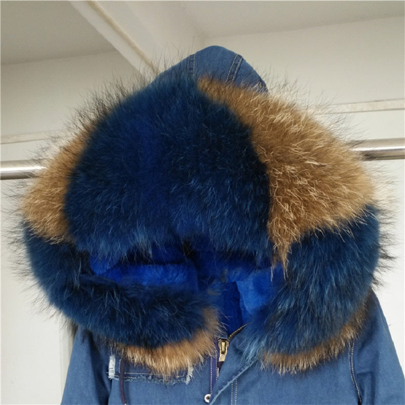 Women's Winter Casual Denim Hooded Parka With Raccoon Fur