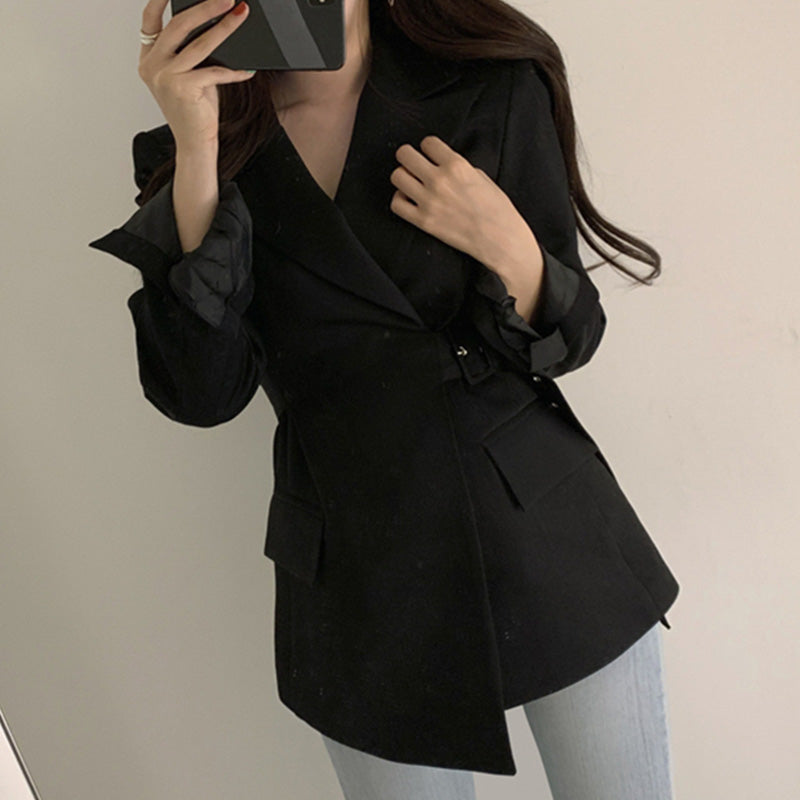Women's Cotton Belted Long-Sleeved Blazer With Pockets