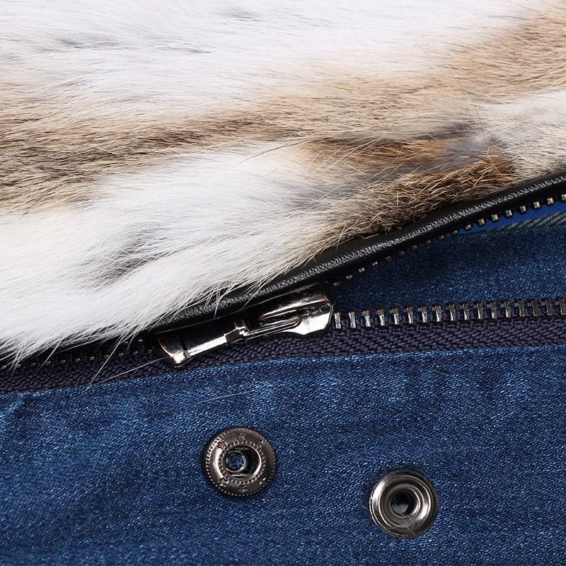 Women's Winter Casual Denim Thick Slim Parka With Raccoon Fur
