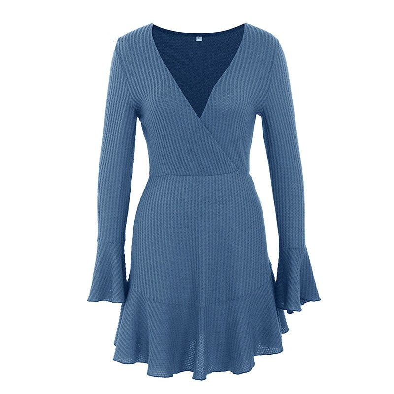 Women's Spring/Autumn V-Neck Ruffled A-Line Knitted Dress