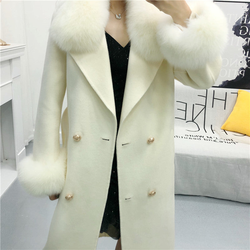 Women's Winter Long Cashmere Warm Trench With Fox Fur