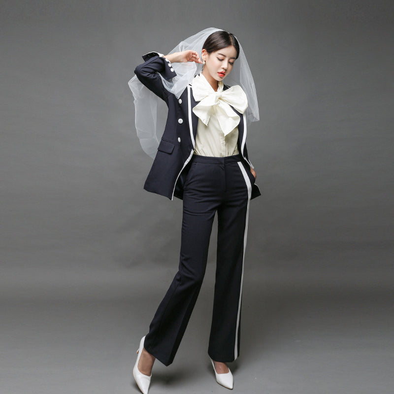 Women's Spring/Autumn Slim V-Neck Long-Sleeved Two-Piece Suit
