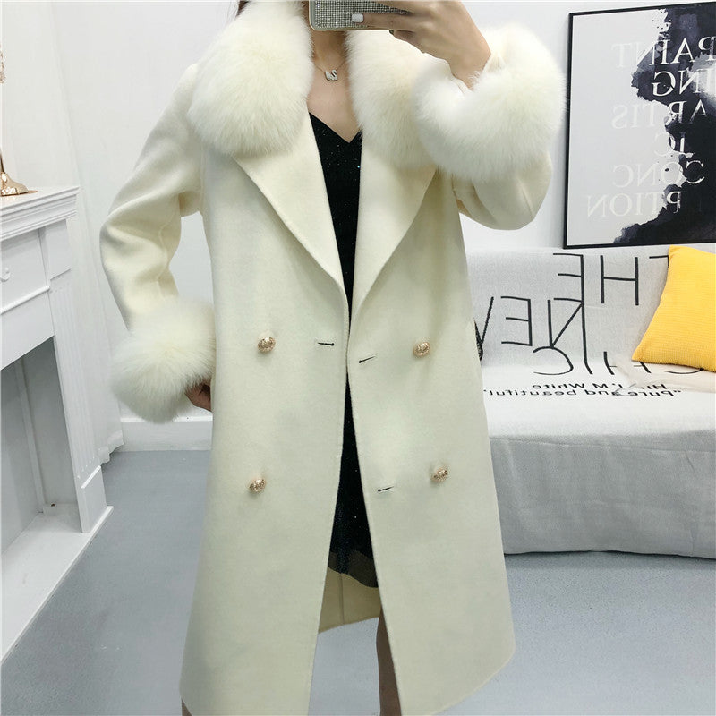 Women's Winter Long Cashmere Warm Trench With Fox Fur