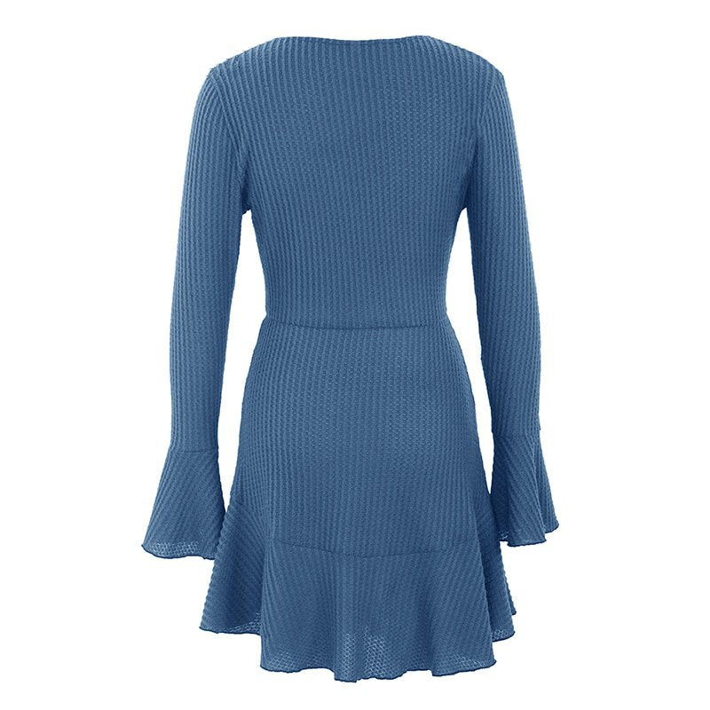 Women's Spring/Autumn V-Neck Ruffled A-Line Knitted Dress