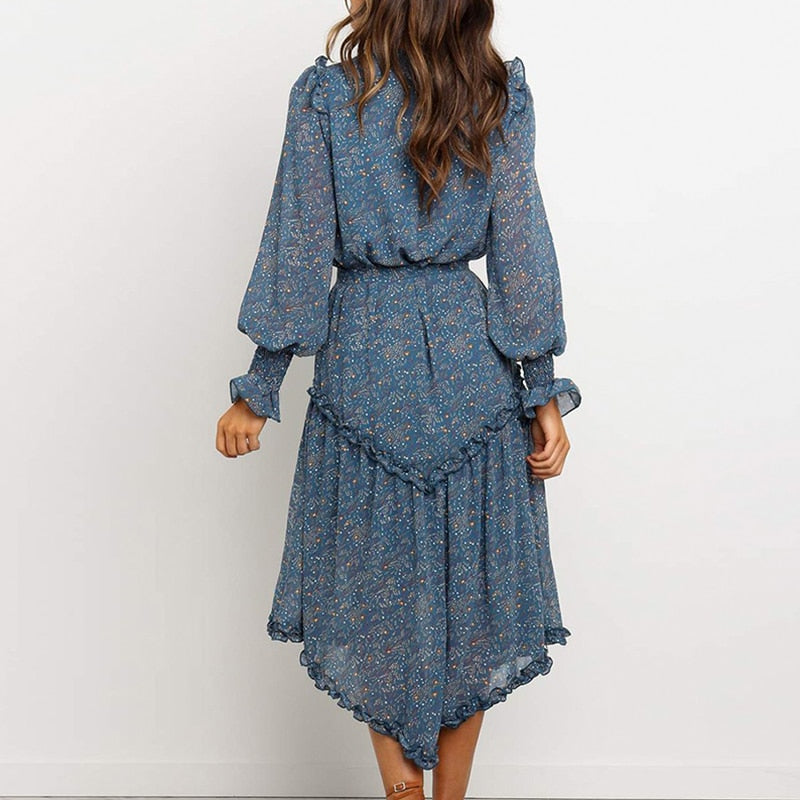 Women's Spring Casual Ruffled Chiffon Dress With Print