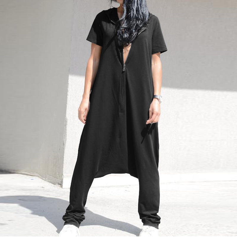 Women's Summer Casual Polyester Loose Jumpsuit With Zipper