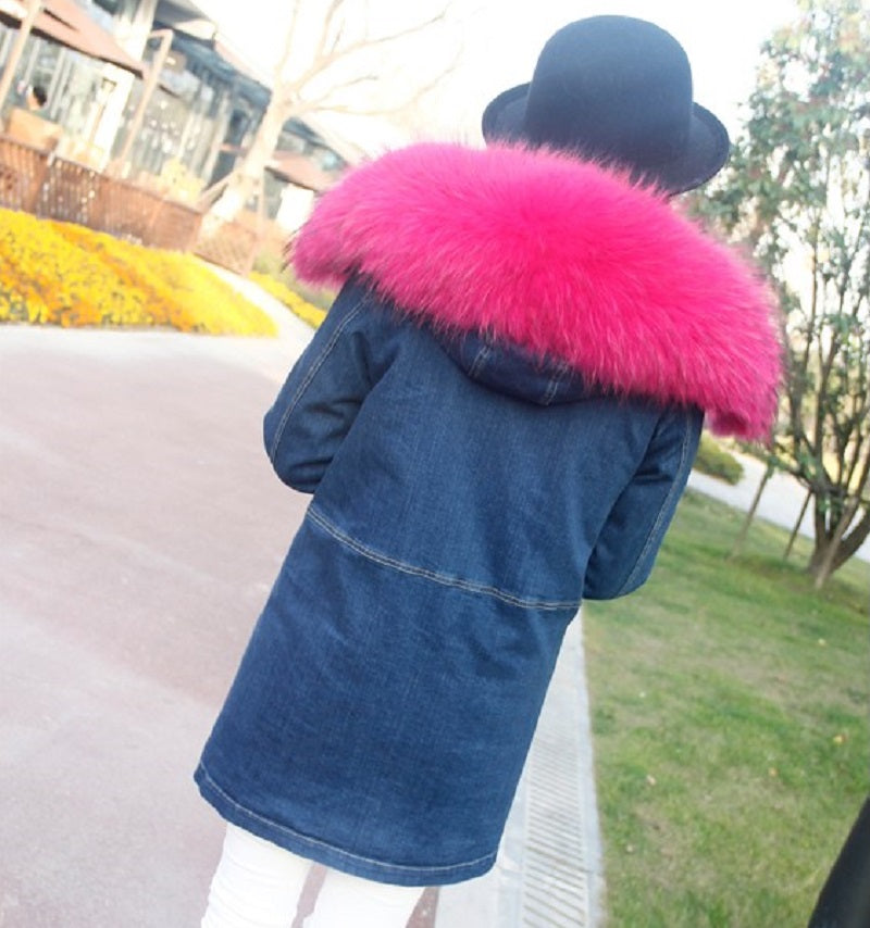 Women's Winter Casual Denim Slim Thick Parka With Raccoon Fur