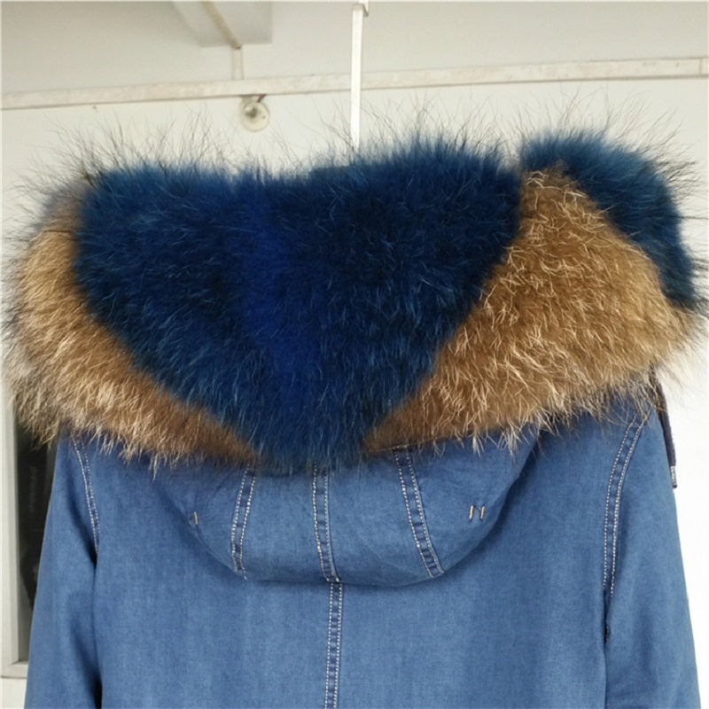 Women's Winter Casual Denim Hooded Parka With Raccoon Fur