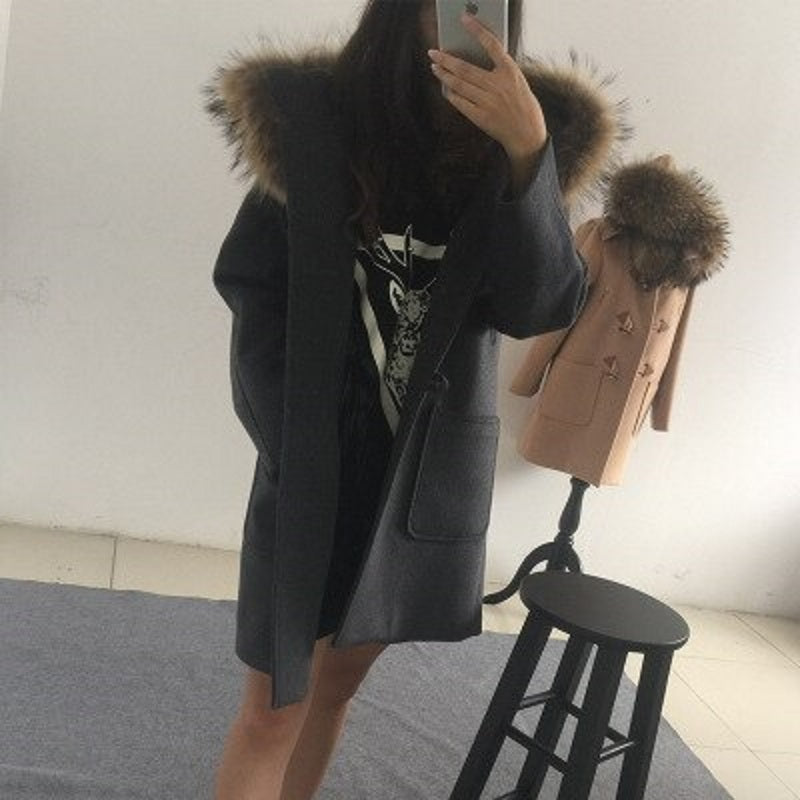 Women's Winter Casual Hooded Long Trench With Raccoon Fur
