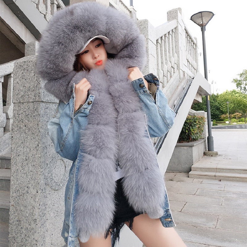 Women's Winter Warm Denim Parka With Fox Fur