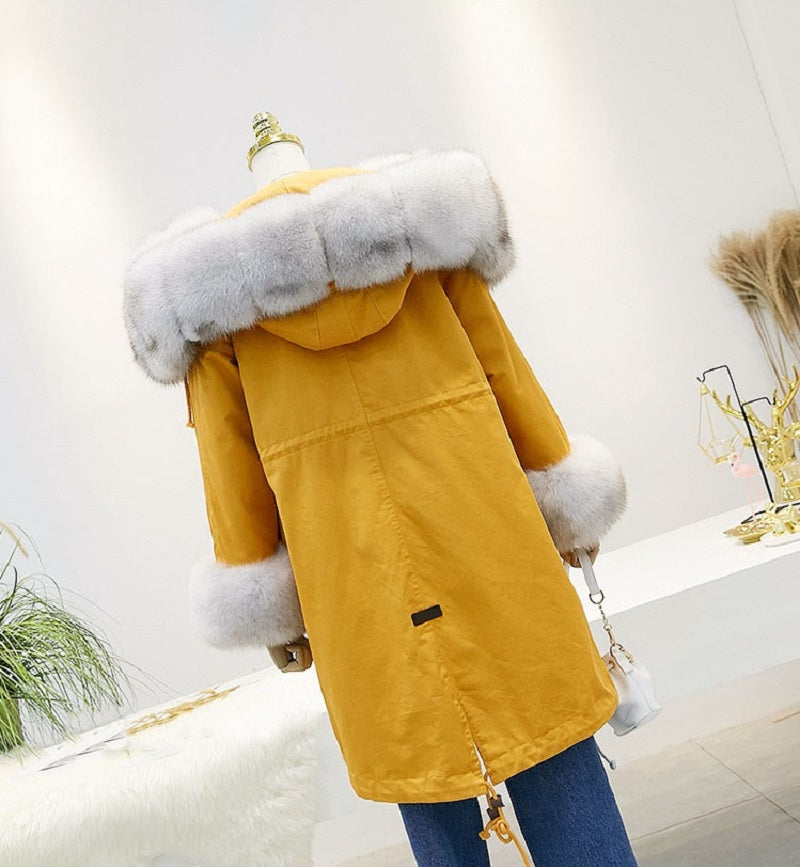 Women's Winter Casual Hooded Thick Long Parka With Rabbit Fur