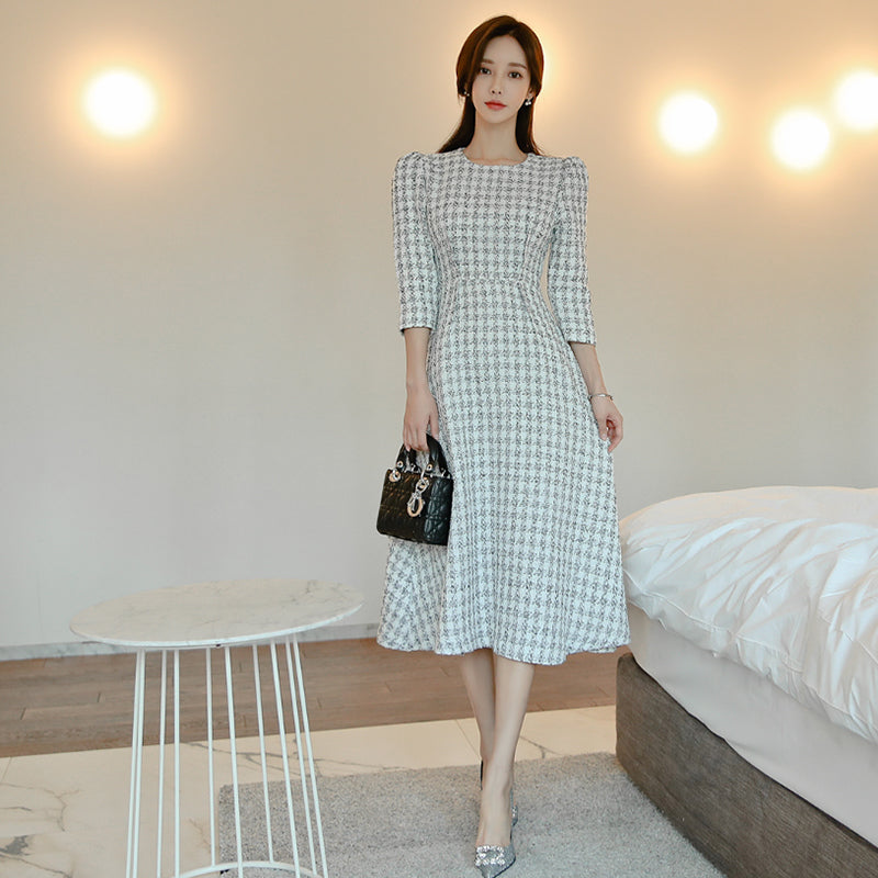 Women's Spring/Autumn Casual O-Neck Puff-Sleeved A-Line Dress