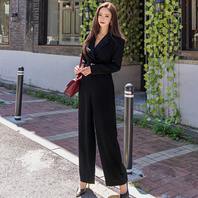 Women's Spring/Autumn Casual Loose Belted Long-Sleeved Jumpsuit