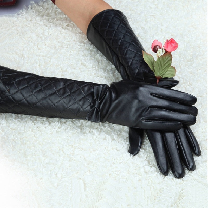Women's Winter Leather Long Gloves With Bow